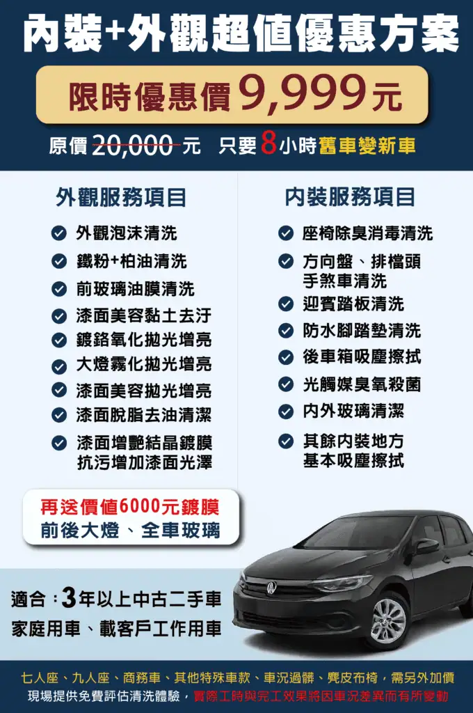 派威汽車醫美內裝清潔+外觀超值優惠方案內容列表 派威 9999 超值方案施作項目表格化圖片。